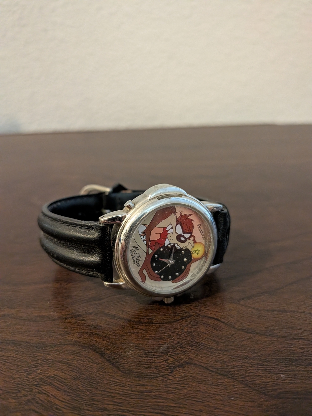 Black Men's Leather Strap Watch with Talking Taz Cartoon Dial (Needs New Batter)